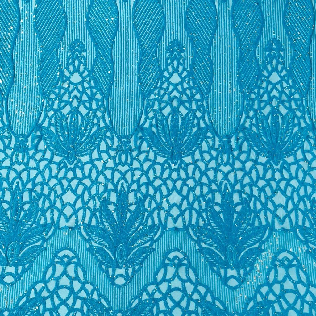 Glossy Design Luxury Shiny Sequin - TURQUOISE - 4 Way Stretch Mesh Fabric – Prom & Evening Dress Material By The Yard.
