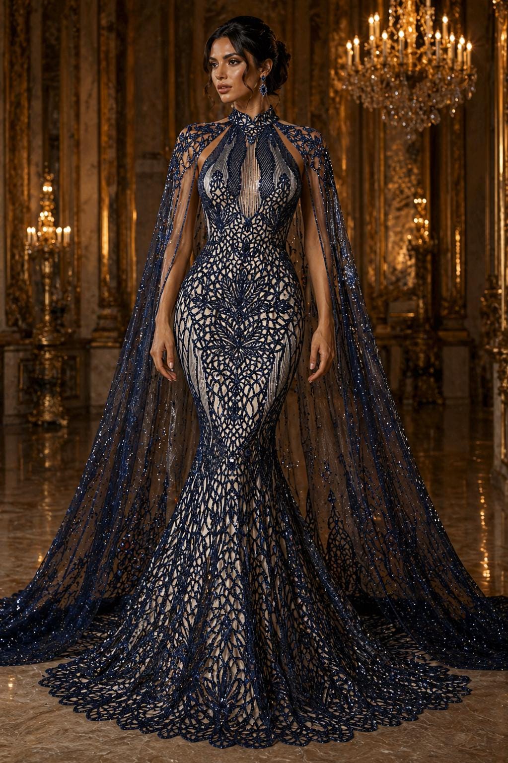 Glossy Design Luxury Shiny Sequin - NAVY - 4 Way Stretch Mesh Fabric – Prom & Evening Dress Material By The Yard.