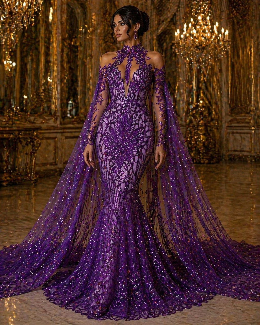 Glossy Design Luxury Shiny Sequin - PURPLE - 4 Way Stretch Mesh Fabric – Prom & Evening Dress Material By The Yard.