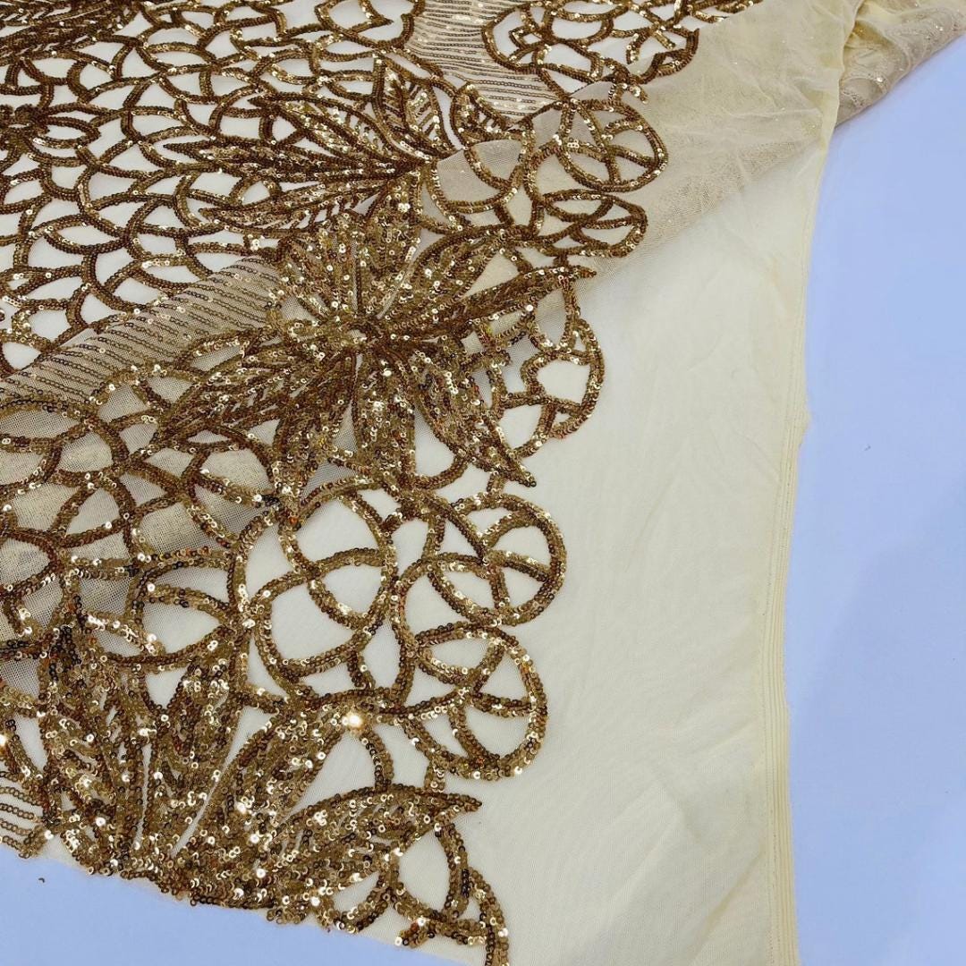 Glossy Design Luxury Shiny Sequin - GOLD - 4 Way Stretch Mesh Fabric – Prom & Evening Dress Material By The Yard.
