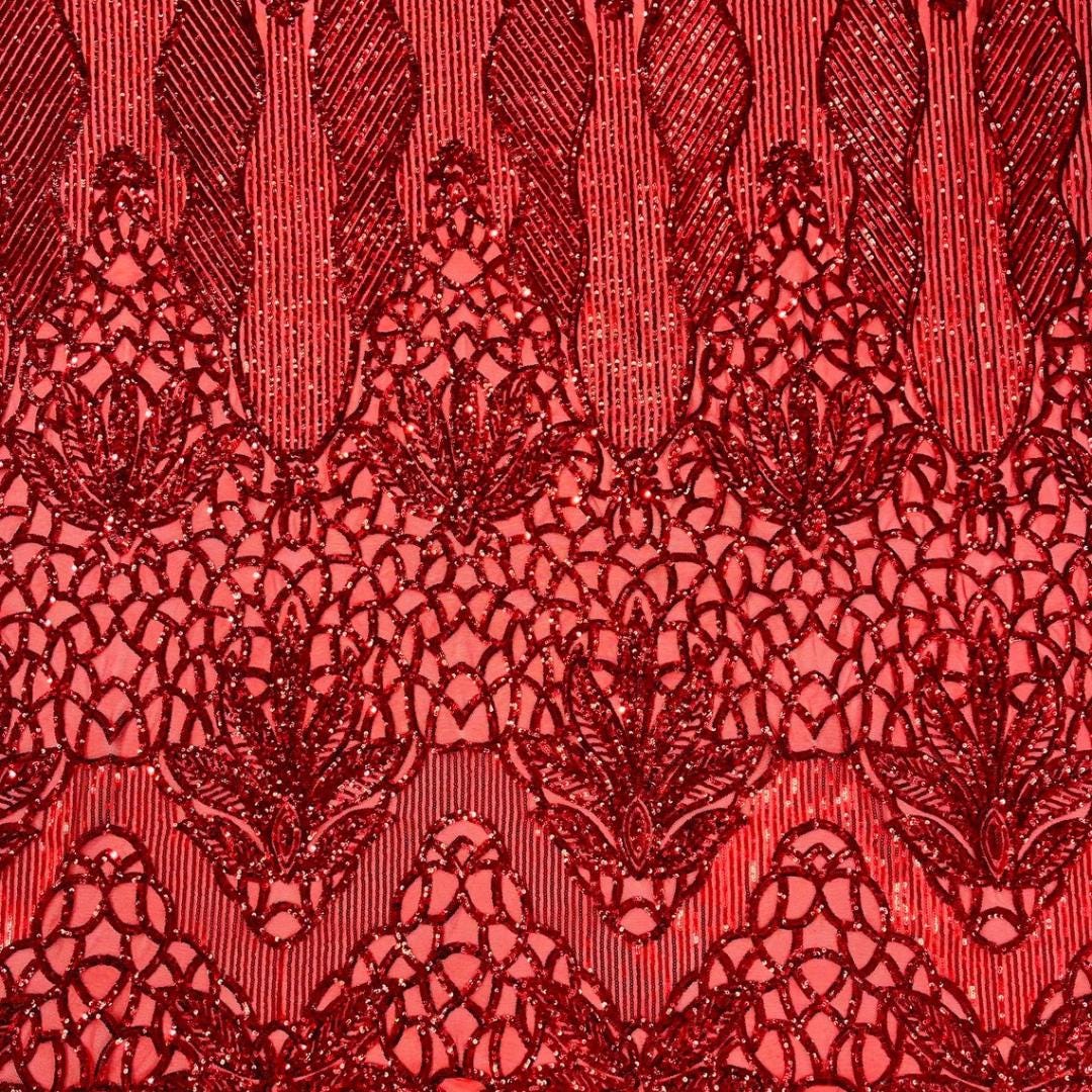 Glossy Design Luxury Shiny Sequin - RED - 4 Way Stretch Mesh Fabric – Prom & Evening Dress Material By The Yard.