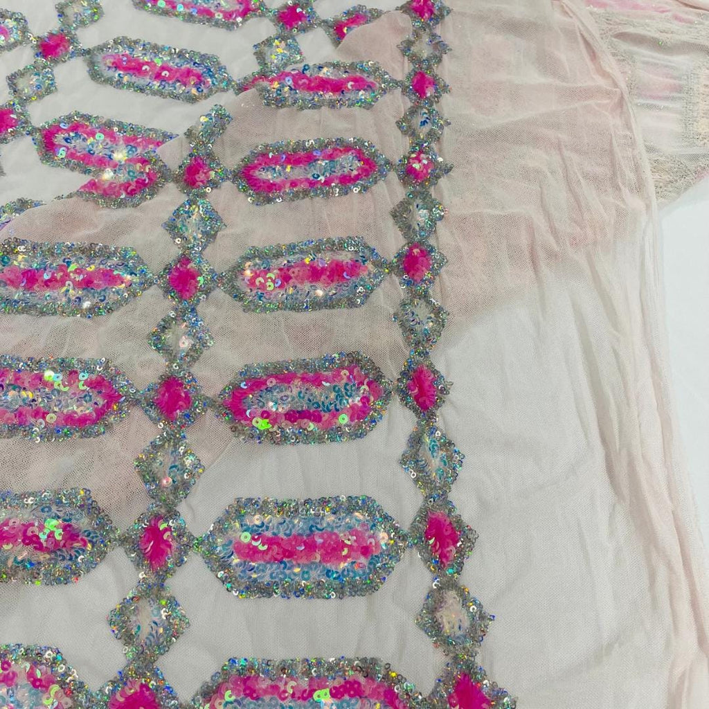 Jewel Design Iridescent Luxury Multi Color Sequin - CandyPink/Silver - 4 Way Stretch Mesh Fabric –Prom & Evening Dress Material By The Yard.