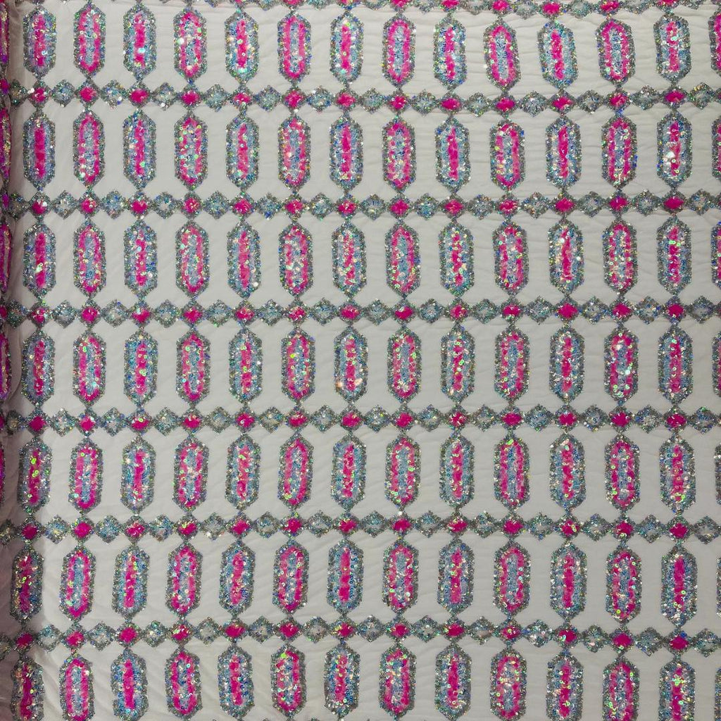 Jewel Design Iridescent Luxury Multi Color Sequin - CandyPink/Silver - 4 Way Stretch Mesh Fabric –Prom & Evening Dress Material By The Yard.