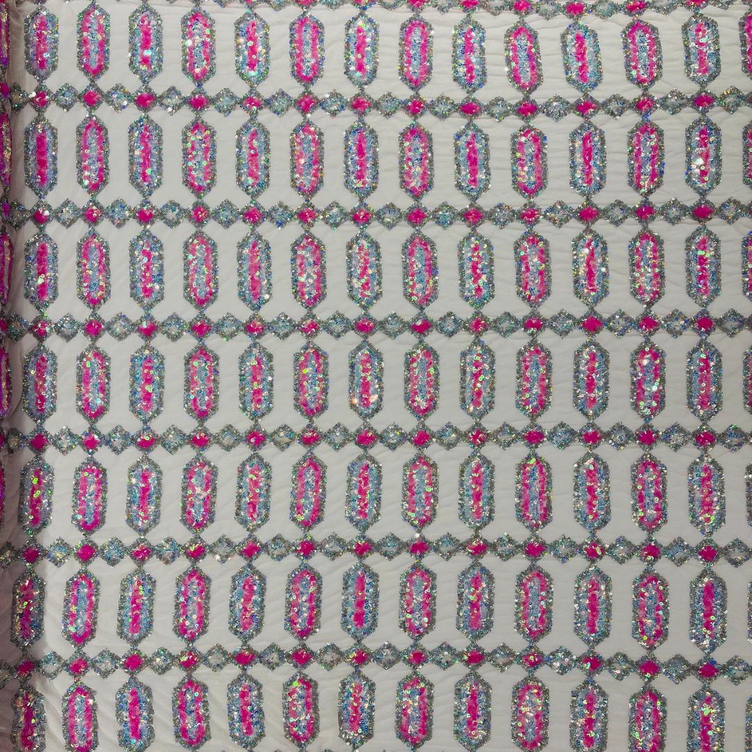Jewel Design Iridescent Luxury Multi Color Sequin - CandyPink/Silver - 4 Way Stretch Mesh Fabric –Prom & Evening Dress Material By The Yard.