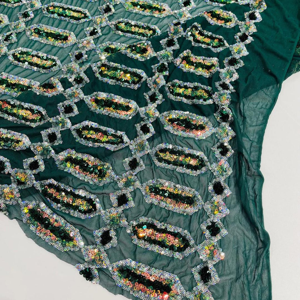 Jewel Design Iridescent Luxury Multi Color Sequin - Emerald/Silver - 4 Way Stretch Mesh Fabric – Prom & Evening Dress Material By The Yard.