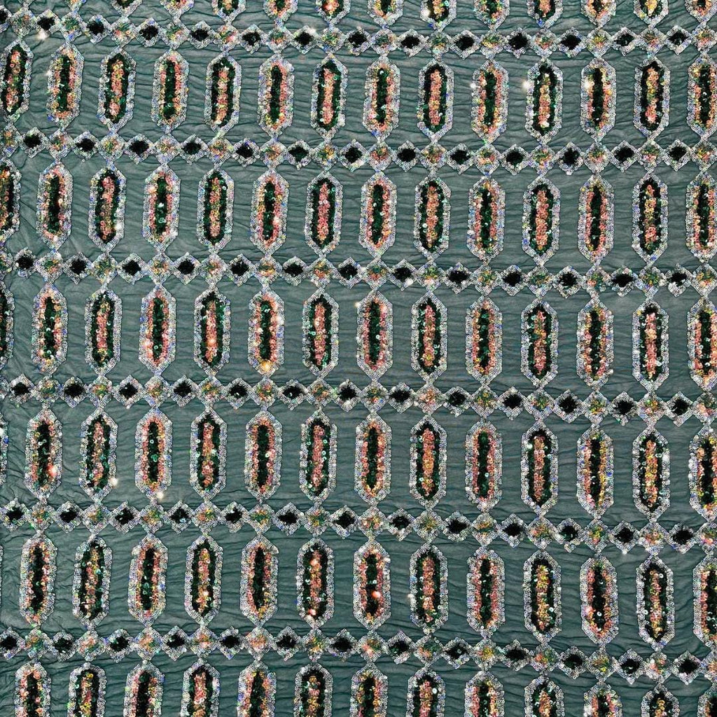 Jewel Design Iridescent Luxury Multi Color Sequin - Emerald/Silver - 4 Way Stretch Mesh Fabric – Prom & Evening Dress Material By The Yard.