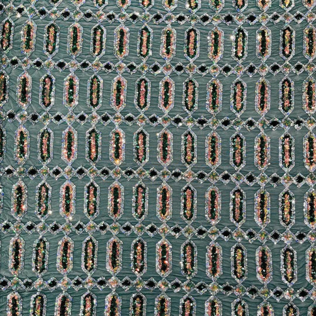 Jewel Design Iridescent Luxury Multi Color Sequin - Emerald/Silver - 4 Way Stretch Mesh Fabric – Prom & Evening Dress Material By The Yard.