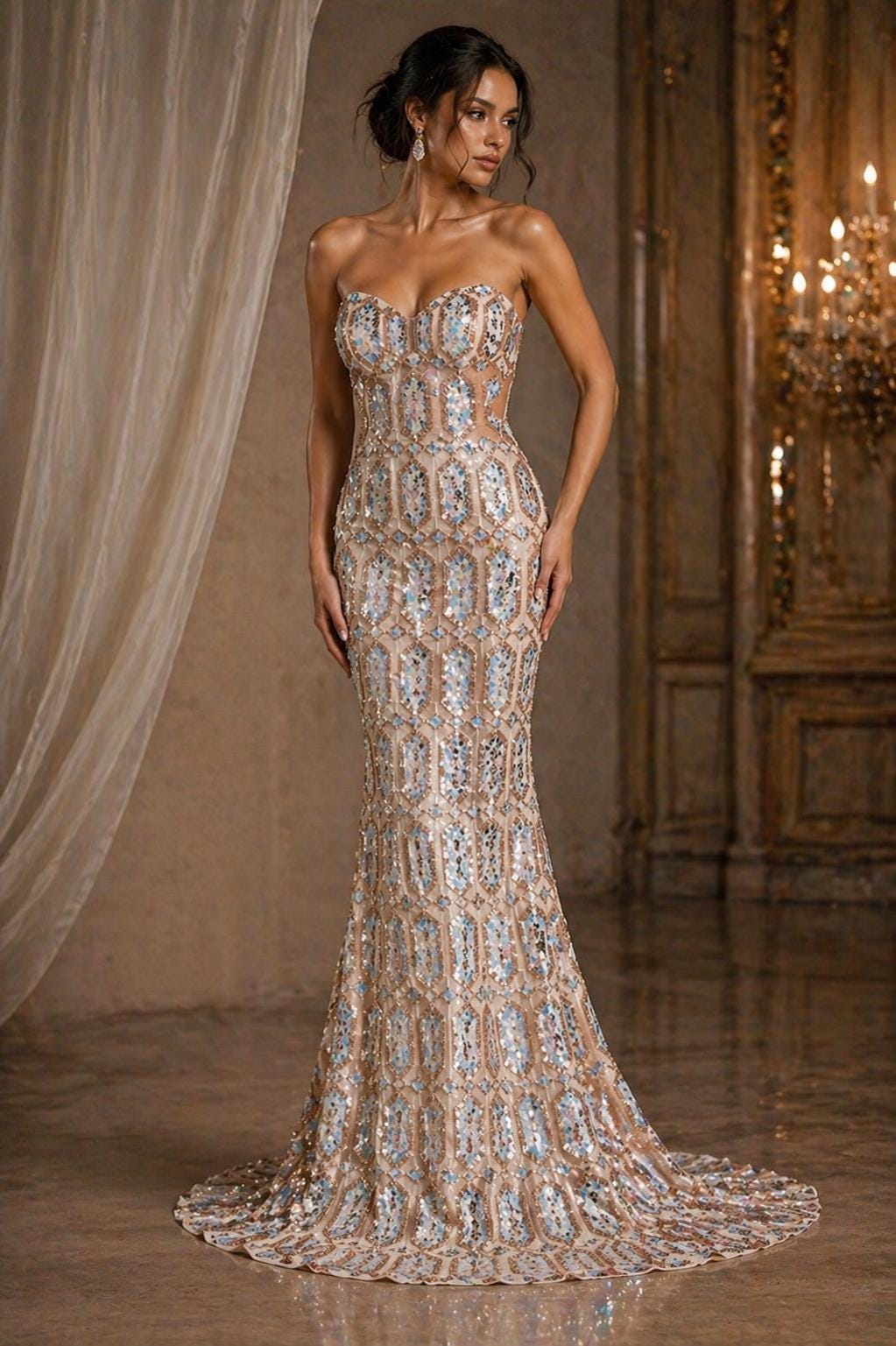 Jewel Design Iridescent Luxury Multi Color Sequin - Aqua/Rose Gold 4 Way Stretch Mesh Fabric – Prom & Evening Dress Material By The Yard.