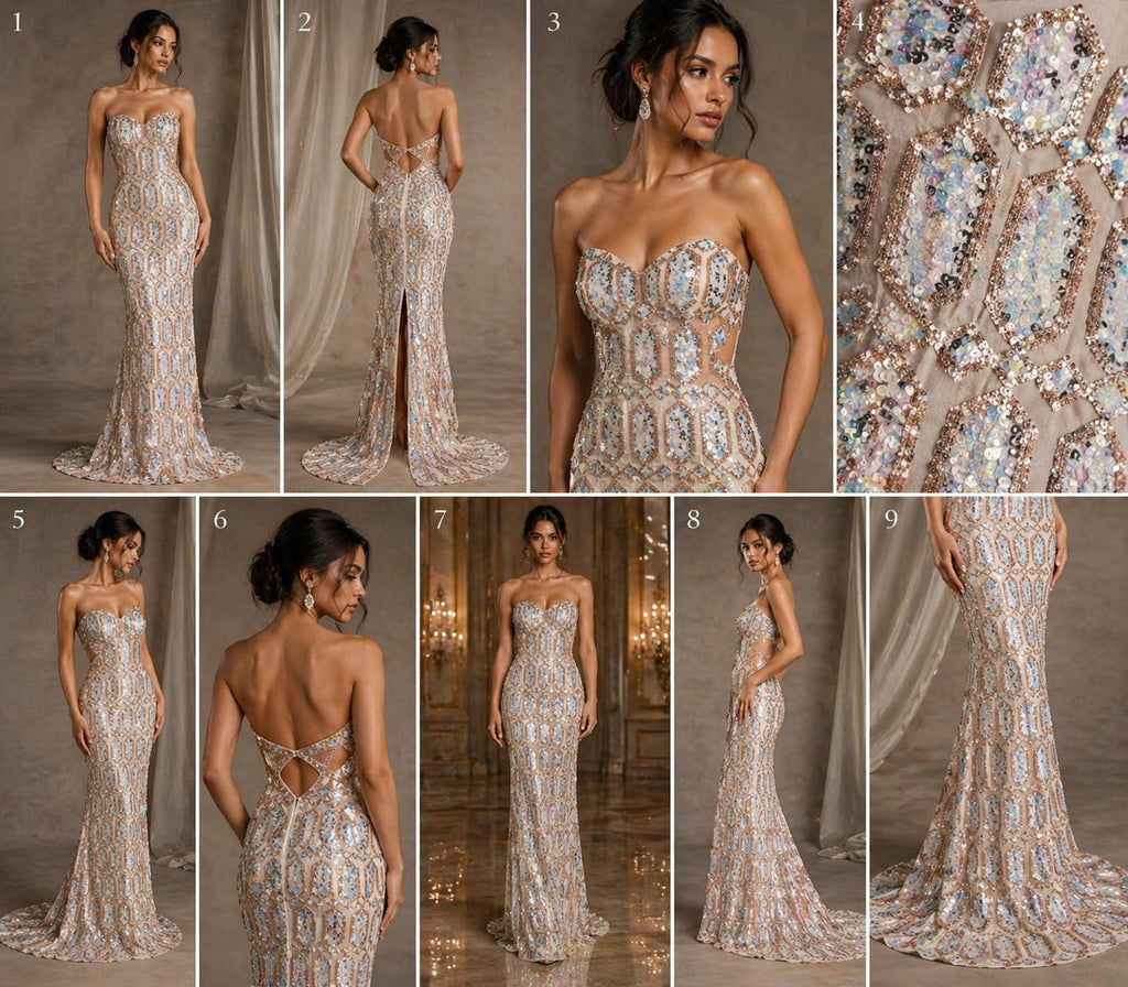 Jewel Design Iridescent Luxury Multi Color Sequin - Aqua/Rose Gold 4 Way Stretch Mesh Fabric – Prom & Evening Dress Material By The Yard.