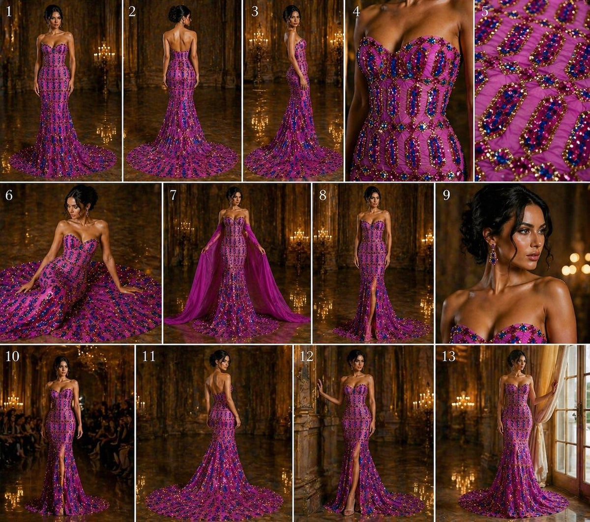 Jewel Design Iridescent Luxury Multi Color Sequin - Fuchsia/Gold -  4 Way Stretch Mesh Fabric – Prom & Evening Dress Material By The Yard.