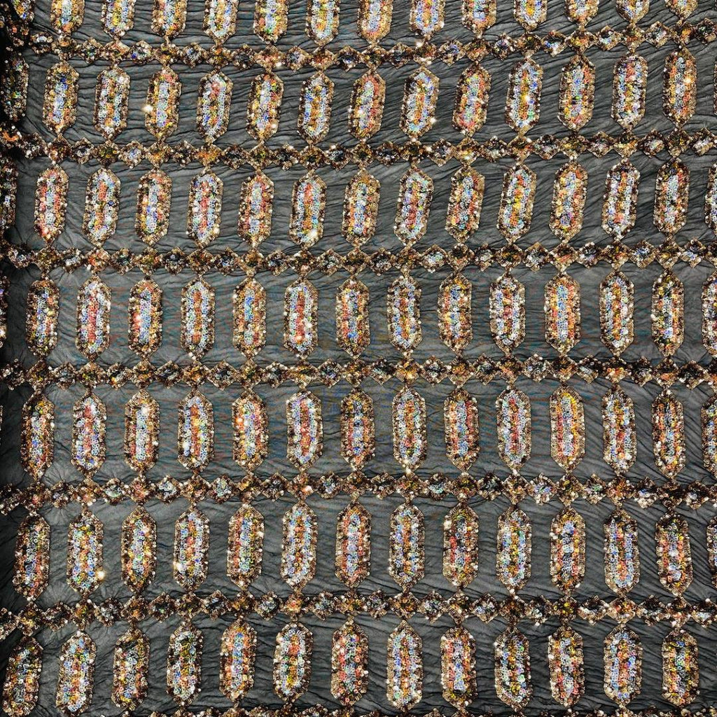 Jewel Design Iridescent Luxury Multi Color Sequin - Gold/Silver -  4 Way Stretch Mesh Fabric – Prom & Evening Dress Material By The Yard.