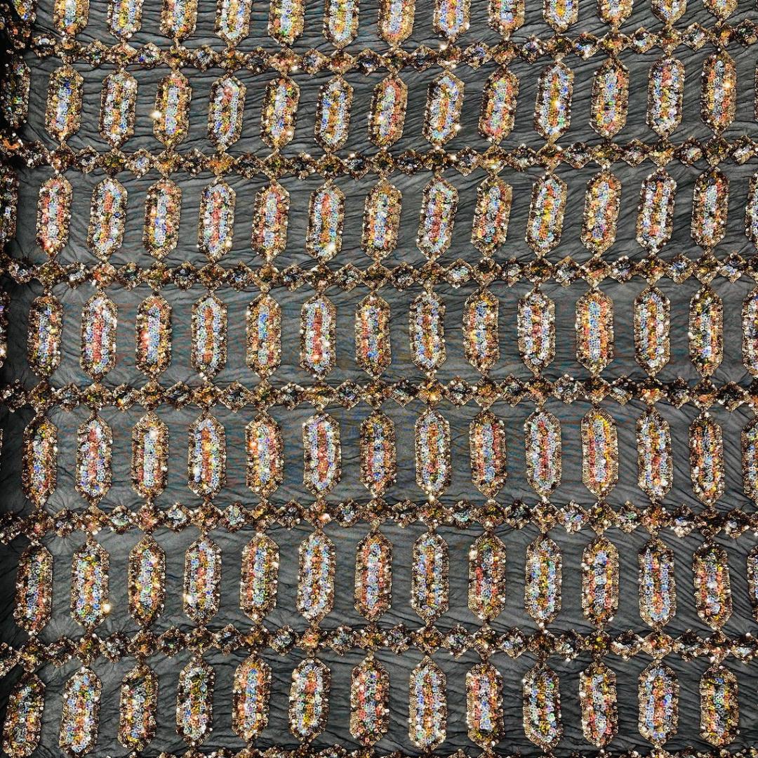 Jewel Design Iridescent Luxury Multi Color Sequin - Gold/Silver -  4 Way Stretch Mesh Fabric – Prom & Evening Dress Material By The Yard.