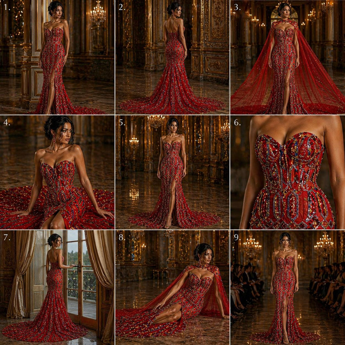 Jewel Design Iridescent Luxury Multi Color Sequin - Red/Silver -  4 Way Stretch Mesh Fabric – Prom & Evening Dress Material By The Yard.