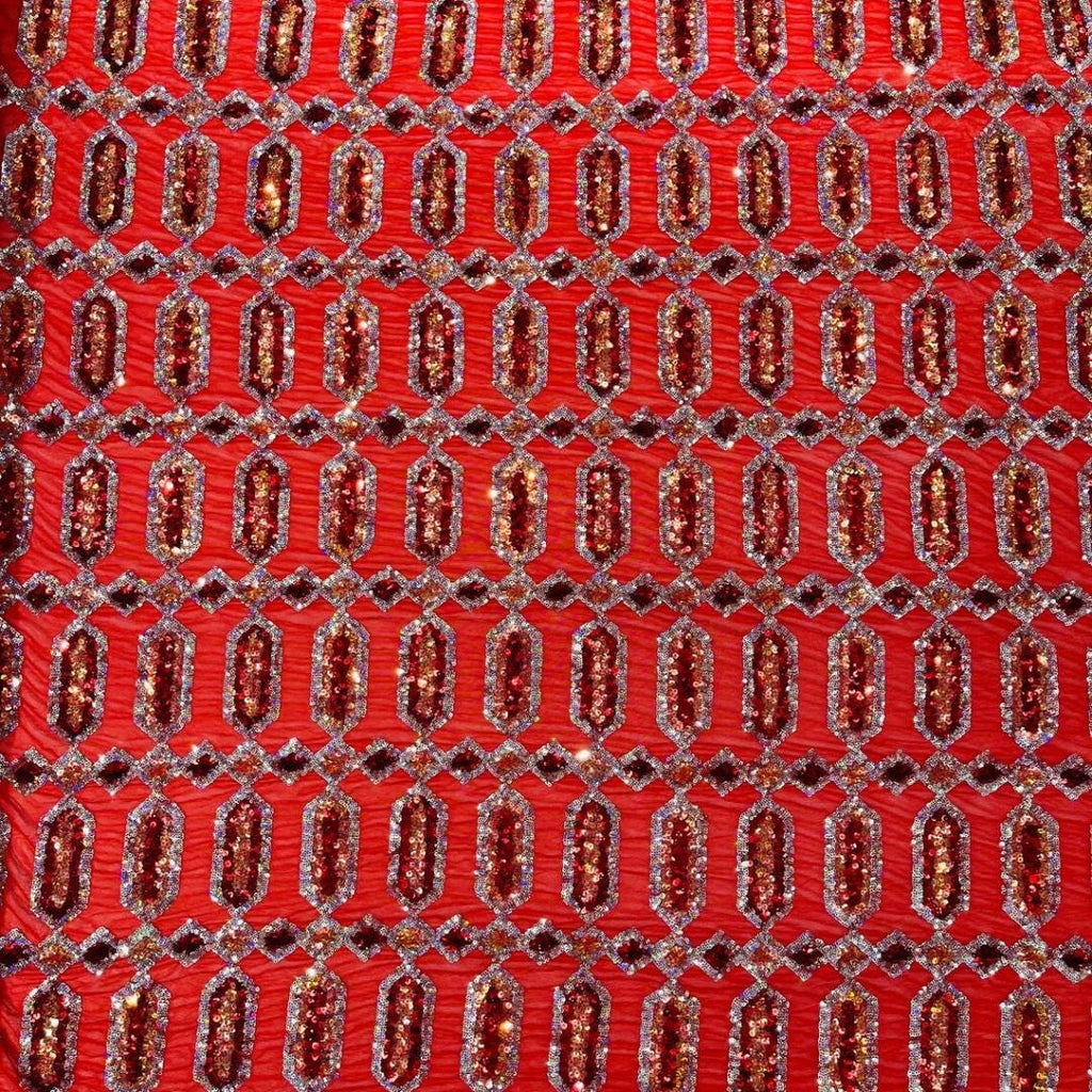Jewel Design Iridescent Luxury Multi Color Sequin - Red/Silver -  4 Way Stretch Mesh Fabric – Prom & Evening Dress Material By The Yard.