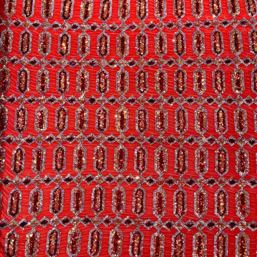 Jewel Design Iridescent Luxury Multi Color Sequin - Red/Silver -  4 Way Stretch Mesh Fabric – Prom & Evening Dress Material By The Yard.