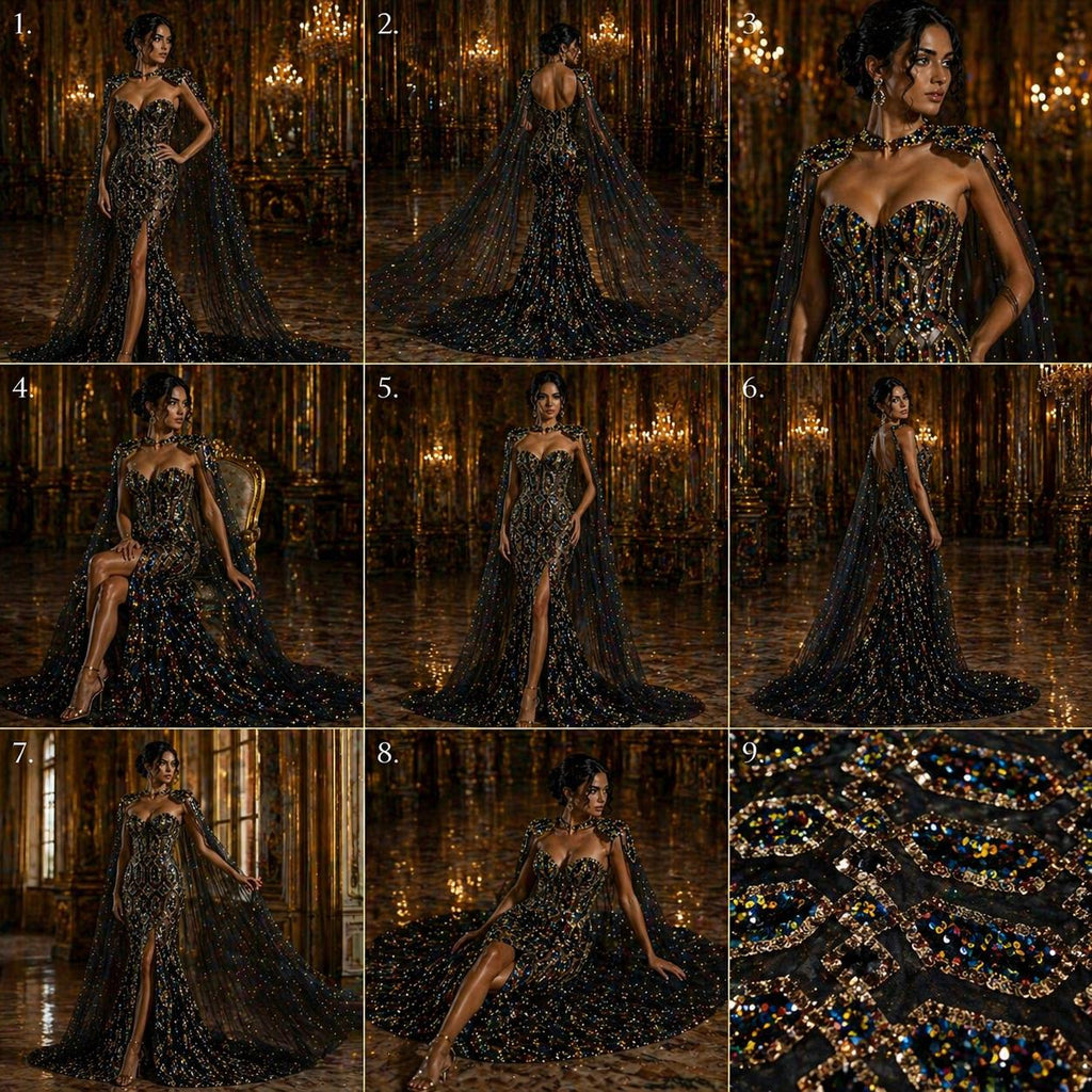 Jewel Design Iridescent Luxury Multi Color Sequin - Gold/Black -  4 Way Stretch Mesh Fabric – Prom & Evening Dress Material By The Yard.