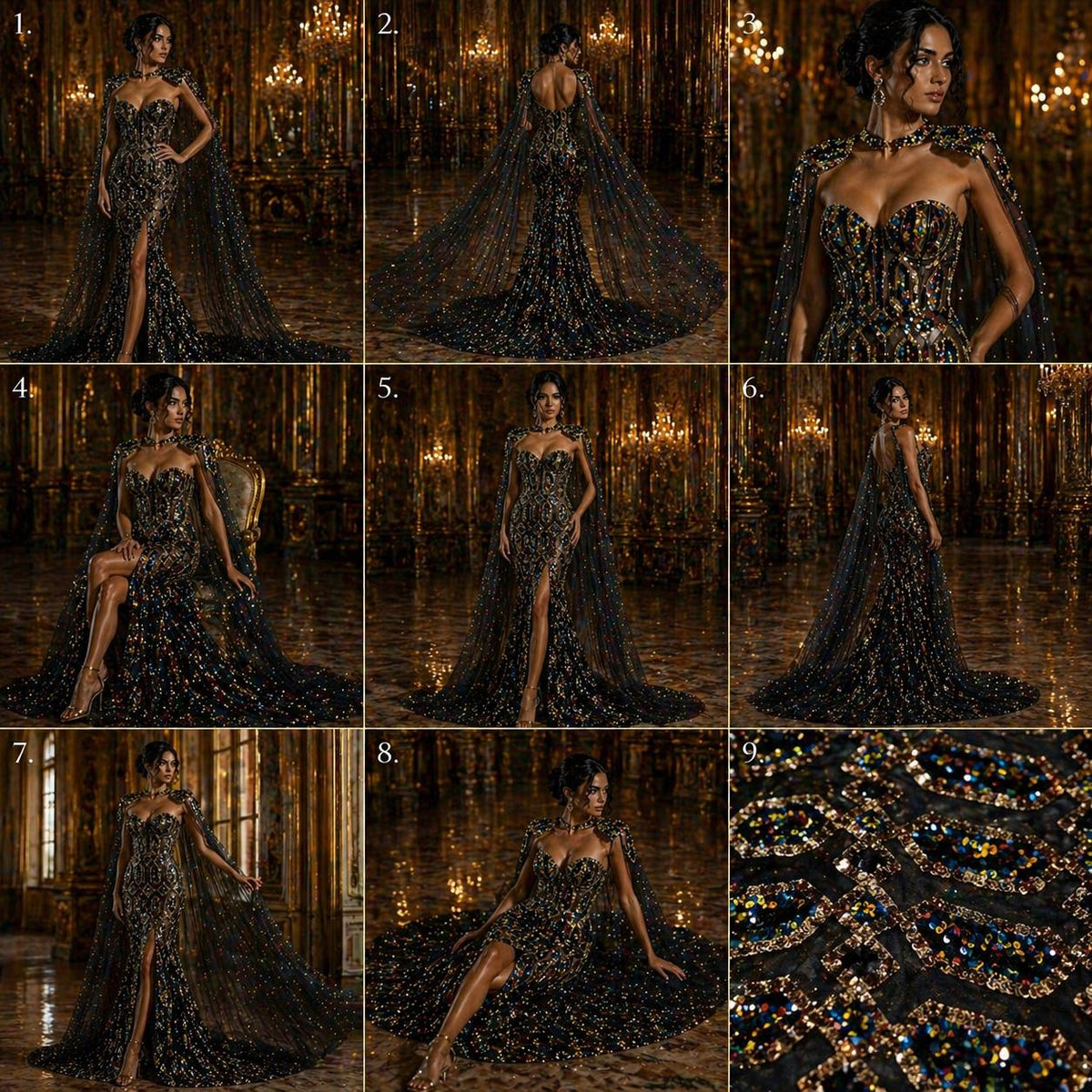 Jewel Design Iridescent Luxury Multi Color Sequin - Gold/Black -  4 Way Stretch Mesh Fabric – Prom & Evening Dress Material By The Yard.