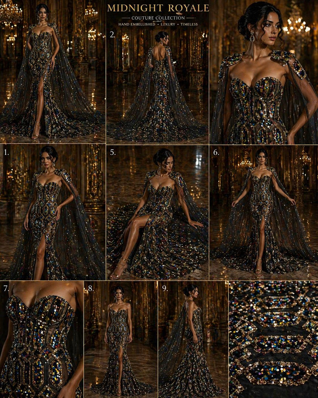Jewel Design Iridescent Luxury Multi Color Sequin - Gold/Black -  4 Way Stretch Mesh Fabric – Prom & Evening Dress Material By The Yard.