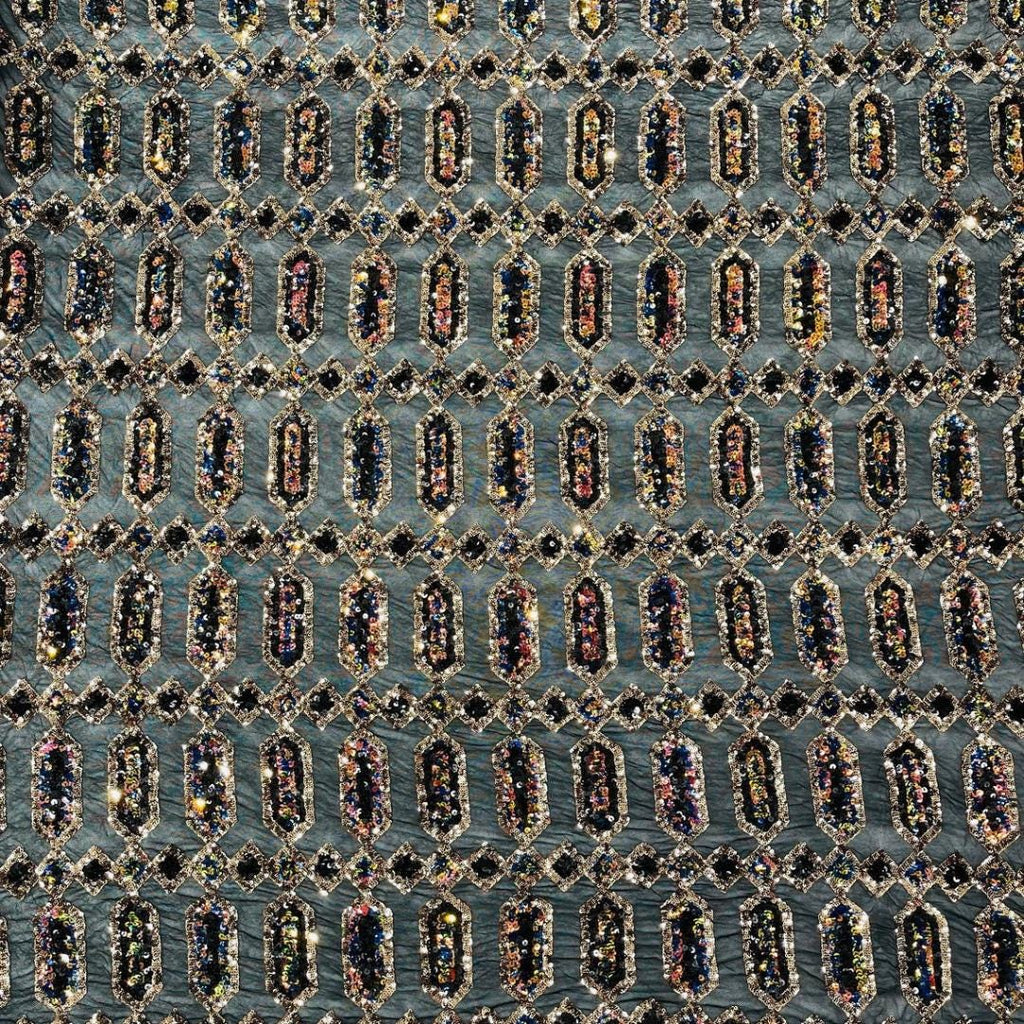 Jewel Design Iridescent Luxury Multi Color Sequin - Gold/Black -  4 Way Stretch Mesh Fabric – Prom & Evening Dress Material By The Yard.