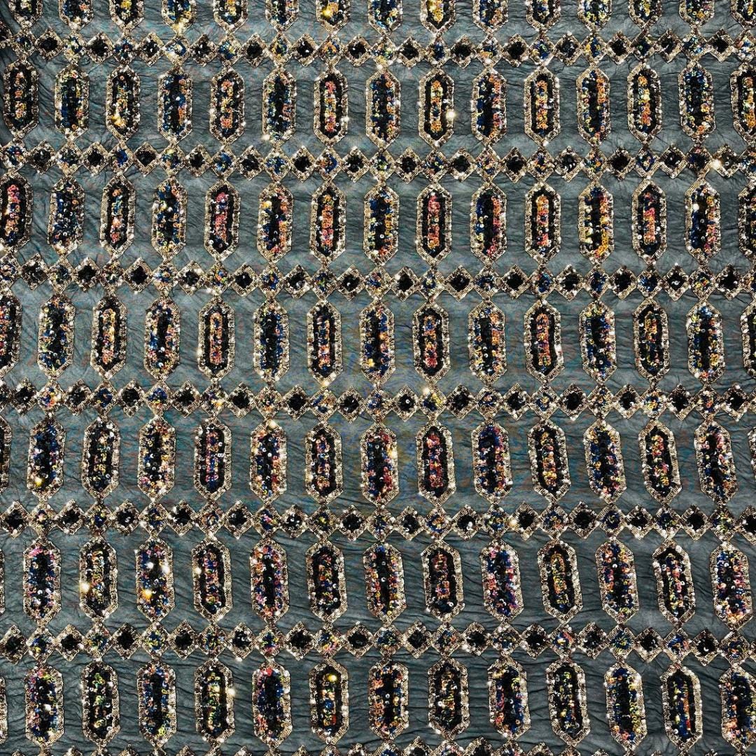 Jewel Design Iridescent Luxury Multi Color Sequin - Gold/Black -  4 Way Stretch Mesh Fabric – Prom & Evening Dress Material By The Yard.