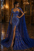 Jewel Design Iridescent Luxury Multi Color Sequin - Royal/Silver -  4 Way Stretch Mesh Fabric – Prom & Evening Dress Material By The Yard.