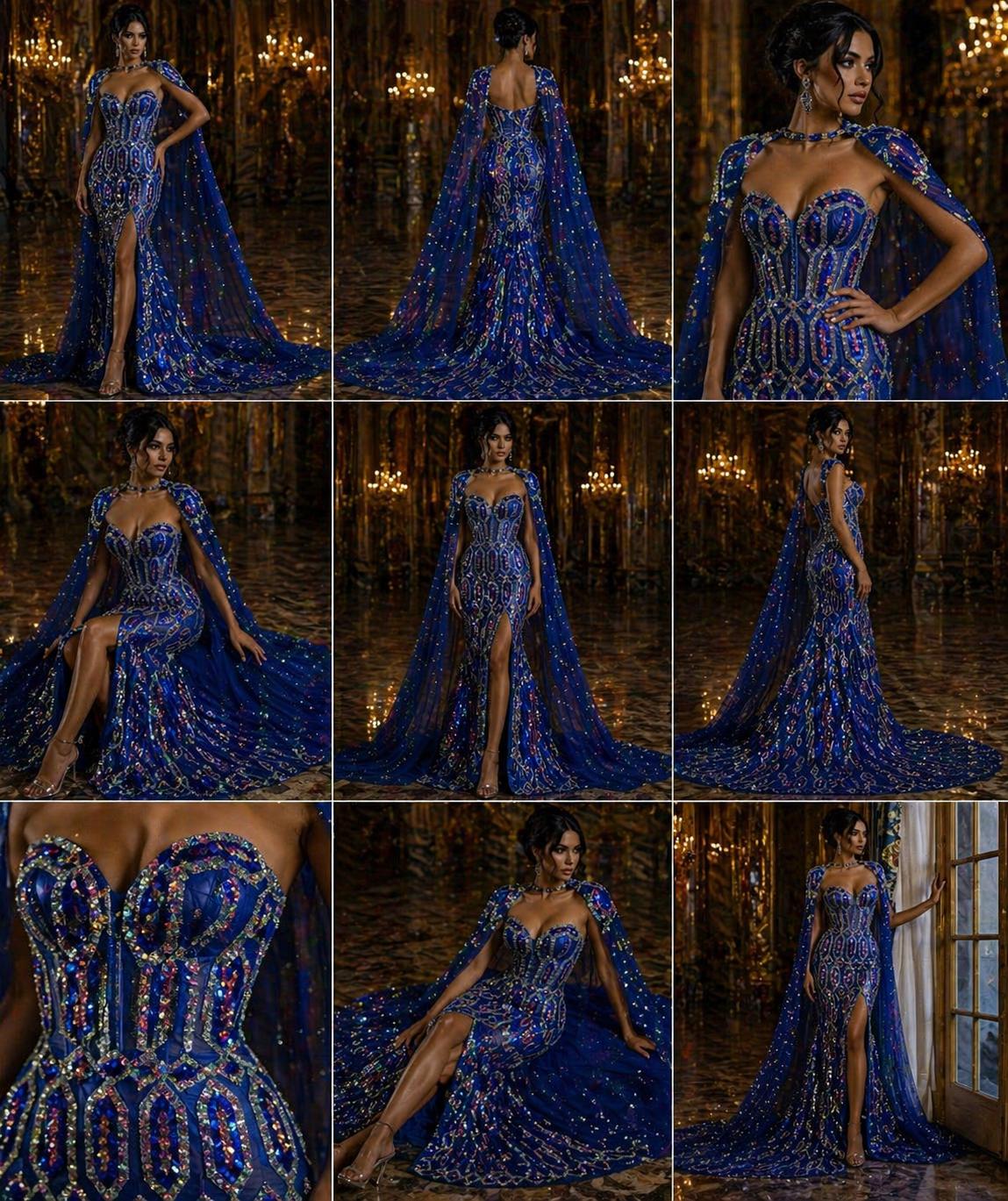 Jewel Design Iridescent Luxury Multi Color Sequin - Royal/Silver -  4 Way Stretch Mesh Fabric – Prom & Evening Dress Material By The Yard.