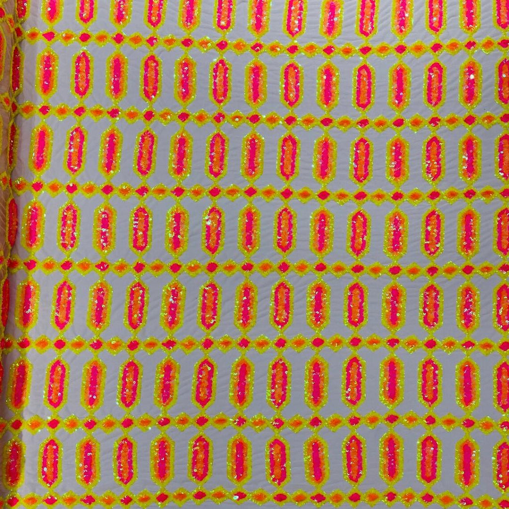 Jewel Design Iridescent Luxury Multi Color Sequin - NeonYellow/Pink - 4 Way Stretch Mesh Fabric – Prom & Evening Dress Material By The Yard.