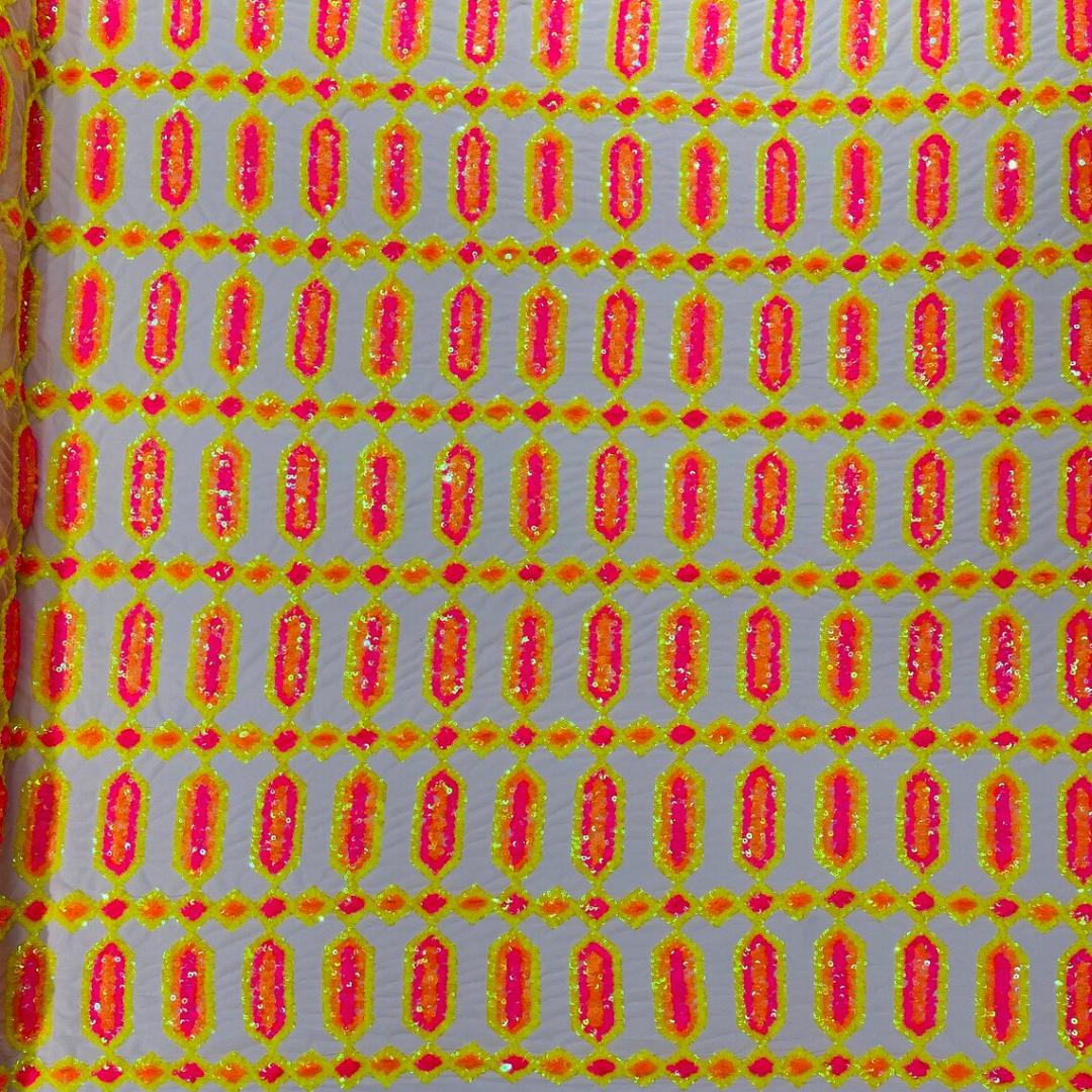 Jewel Design Iridescent Luxury Multi Color Sequin - NeonYellow/Pink - 4 Way Stretch Mesh Fabric – Prom & Evening Dress Material By The Yard.