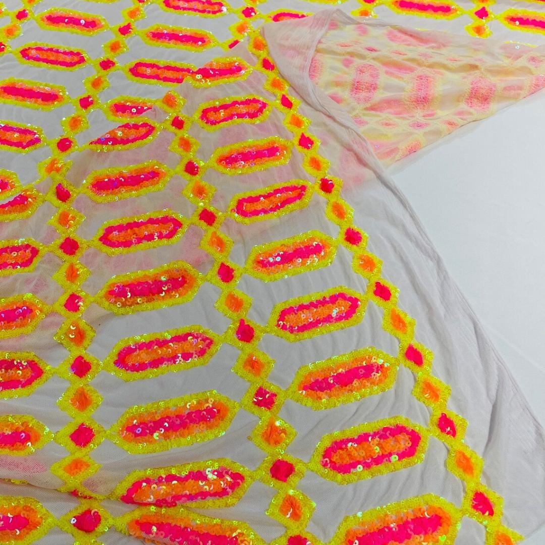 Jewel Design Iridescent Luxury Multi Color Sequin - NeonYellow/Pink - 4 Way Stretch Mesh Fabric – Prom & Evening Dress Material By The Yard.
