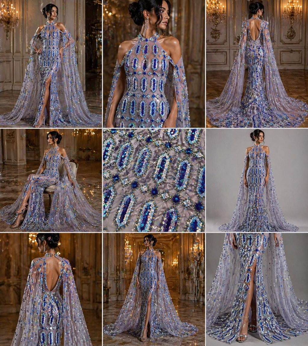 Jewel Design Iridescent Luxury Multi Color Sequin - Lilac/Aqua - 4 Way Stretch Mesh Fabric – Prom & Evening Dress Material By The Yard.