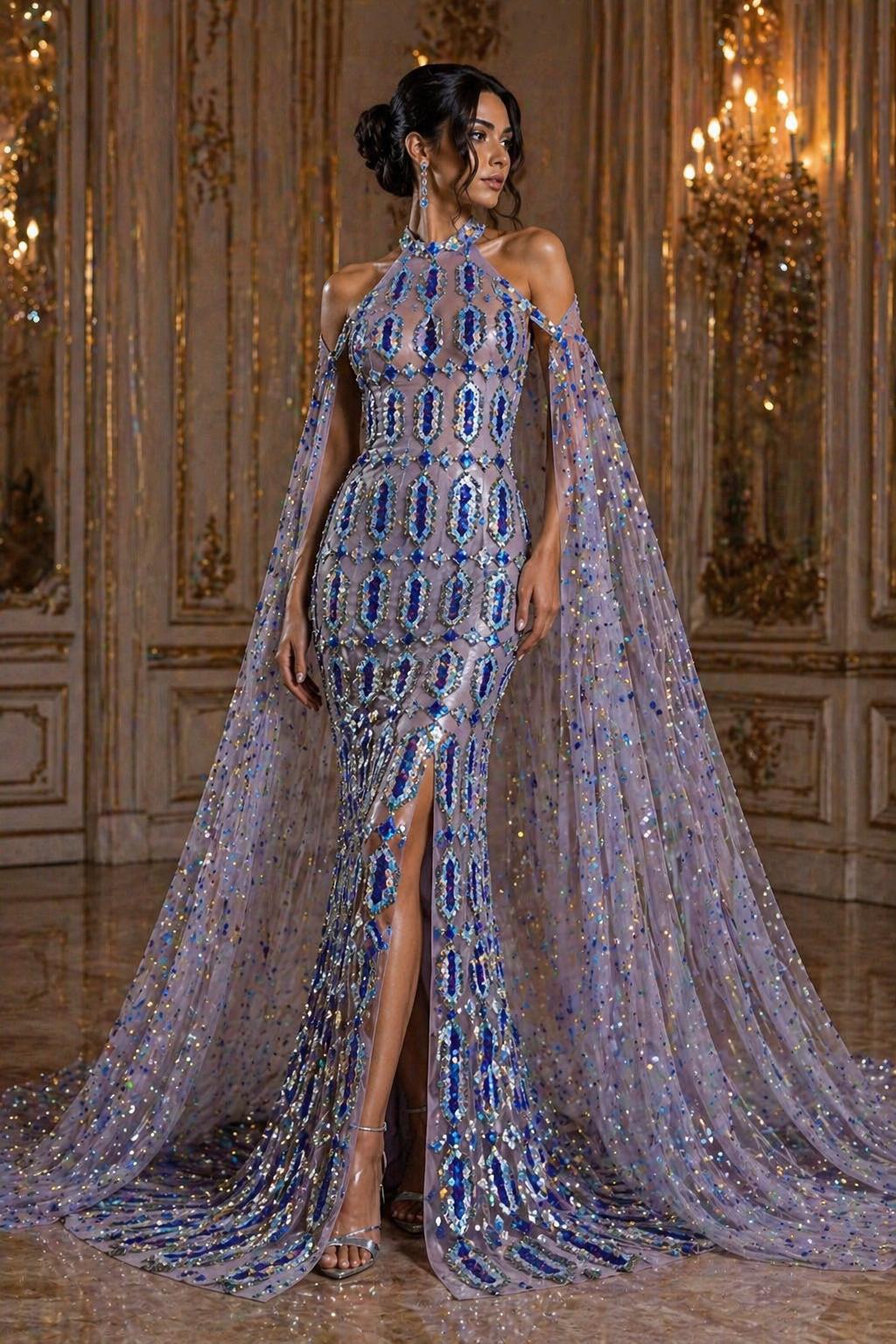 Jewel Design Iridescent Luxury Multi Color Sequin - Lilac/Aqua - 4 Way Stretch Mesh Fabric – Prom & Evening Dress Material By The Yard.