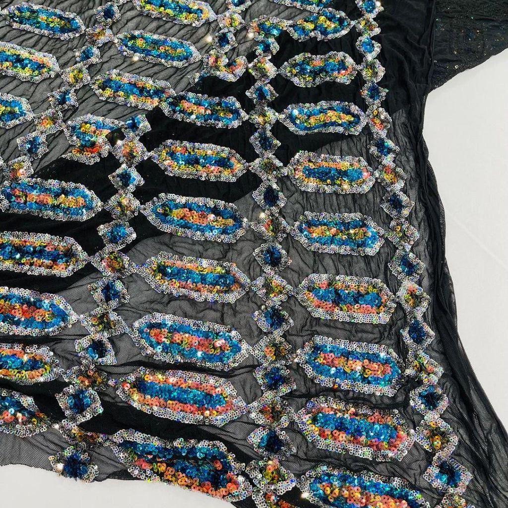 Jewel Design Iridescent Luxury Multi Color Sequin -Turquoise/Silver - 4 Way Stretch Mesh Fabric – Prom & Evening Dress Material By The Yard.