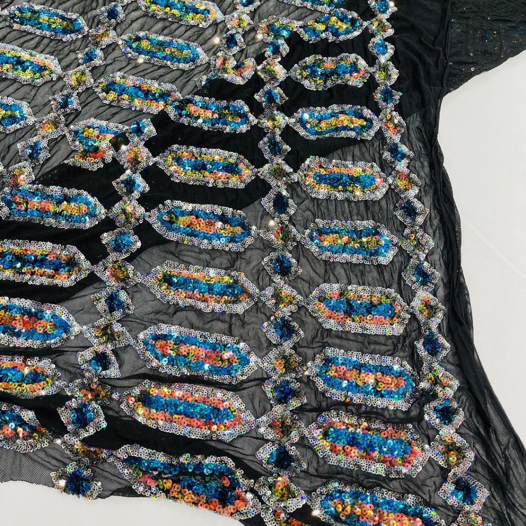 Jewel Design Iridescent Luxury Multi Color Sequin -Turquoise/Silver - 4 Way Stretch Mesh Fabric – Prom & Evening Dress Material By The Yard.