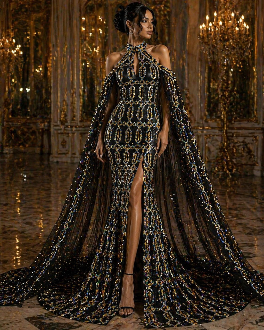 Jewel Design Iridescent Luxury Multi Color Sequin - Olive/Silver - 4 Way Stretch Mesh Fabric – Prom & Evening Dress Material By The Yard.