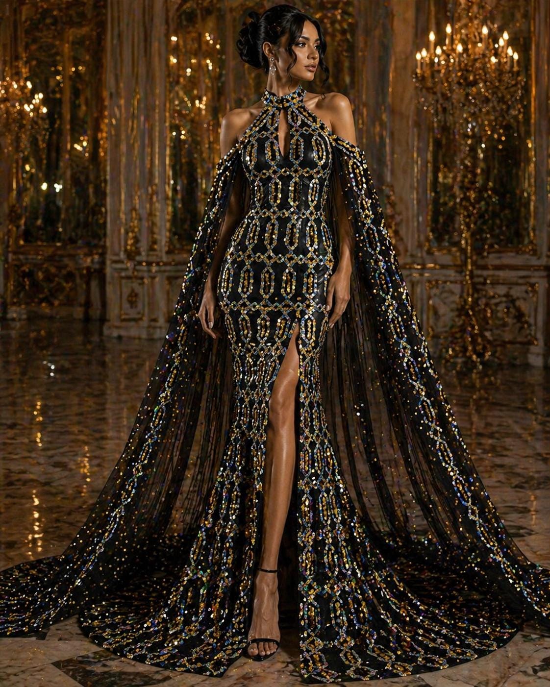 Jewel Design Iridescent Luxury Multi Color Sequin - Olive/Silver - 4 Way Stretch Mesh Fabric – Prom & Evening Dress Material By The Yard.