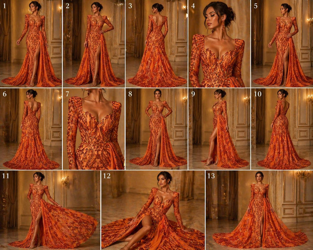 Burnt Orange - Marvelous Luxury Shiny Sequin 4-Way Stretch Mesh Fabric – Prom & Evening Dress Material By The Yard.
