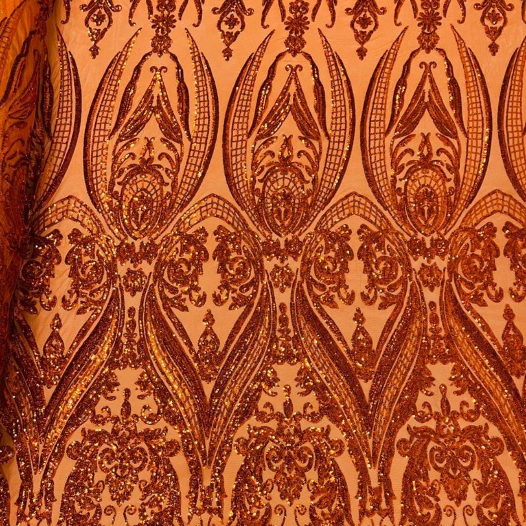 Burnt Orange - Marvelous Luxury Shiny Sequin 4-Way Stretch Mesh Fabric – Prom & Evening Dress Material By The Yard.