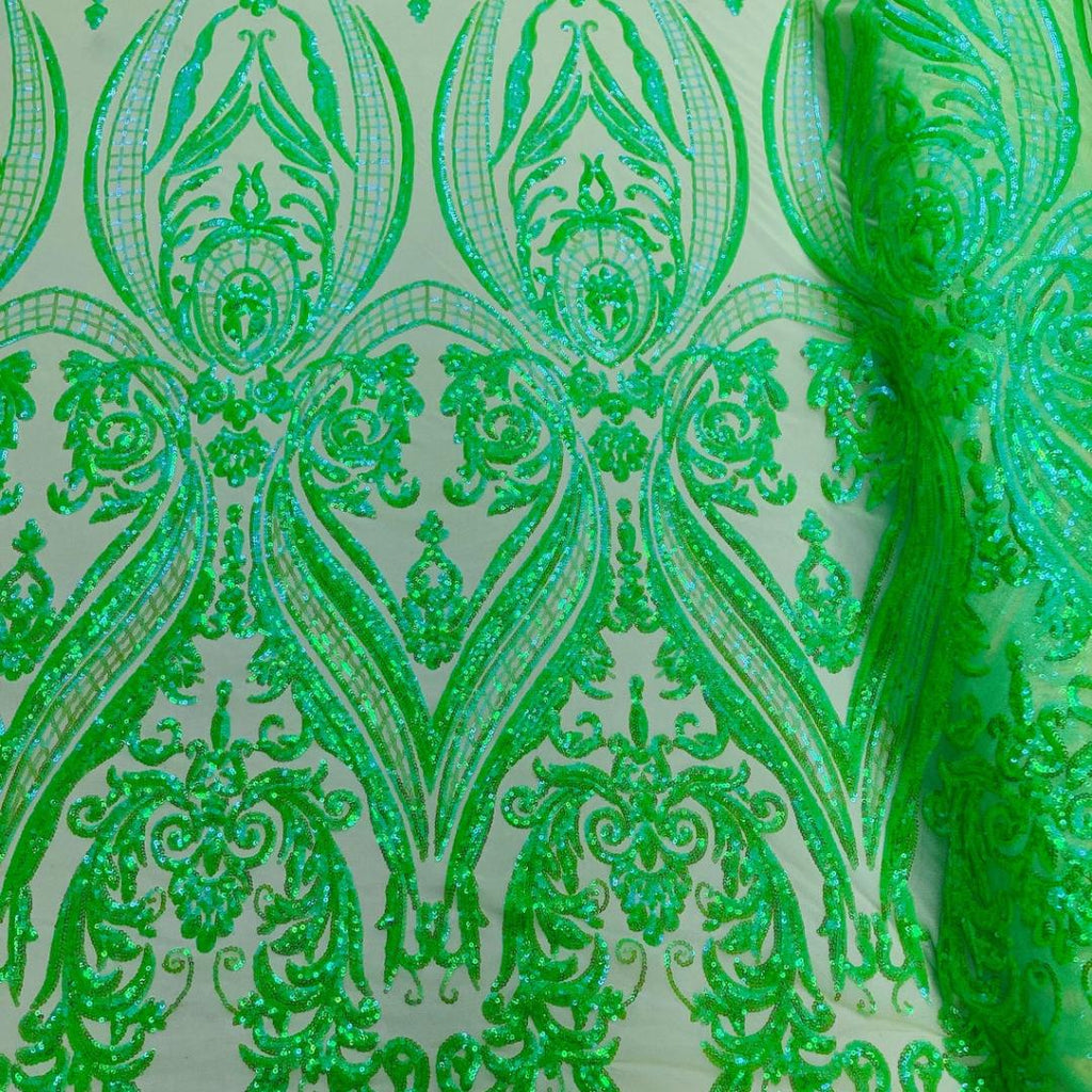 Neon Lime - Marvelous Luxury Shiny Sequin 4-Way Stretch Mesh Fabric – Prom & Evening Dress Material By The Yard.