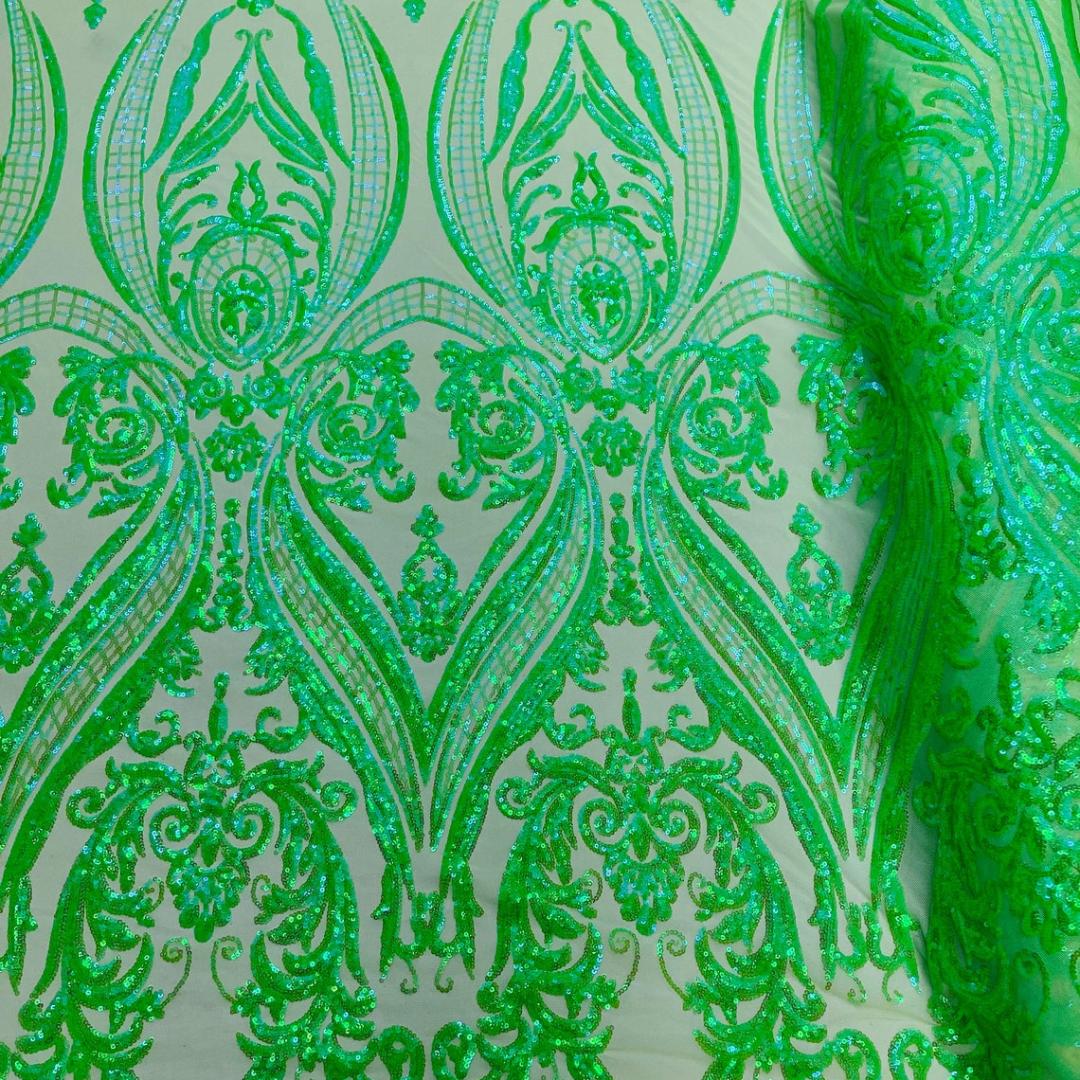 Neon Lime - Marvelous Luxury Shiny Sequin 4-Way Stretch Mesh Fabric – Prom & Evening Dress Material By The Yard.