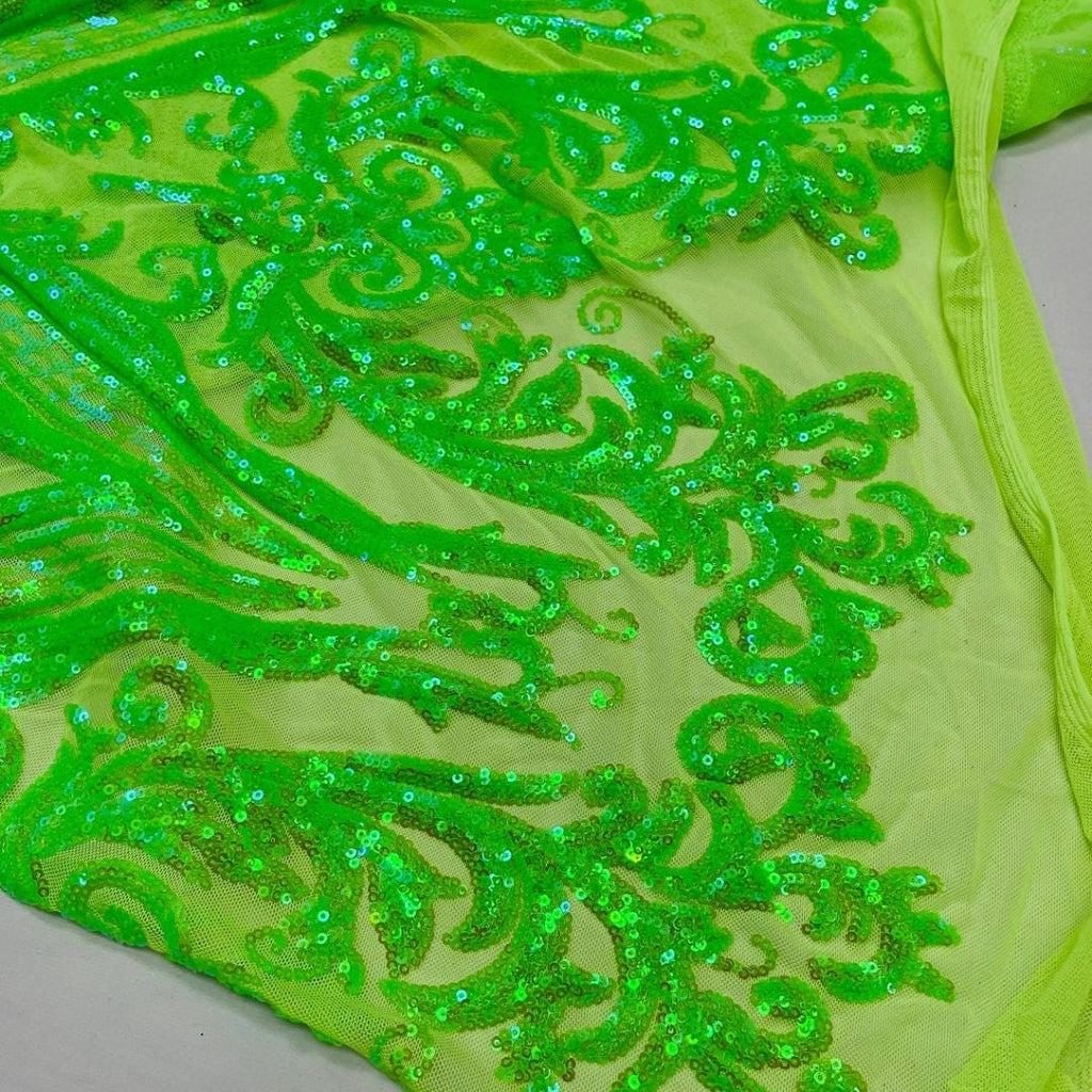 Neon Lime - Marvelous Luxury Shiny Sequin 4-Way Stretch Mesh Fabric – Prom & Evening Dress Material By The Yard.