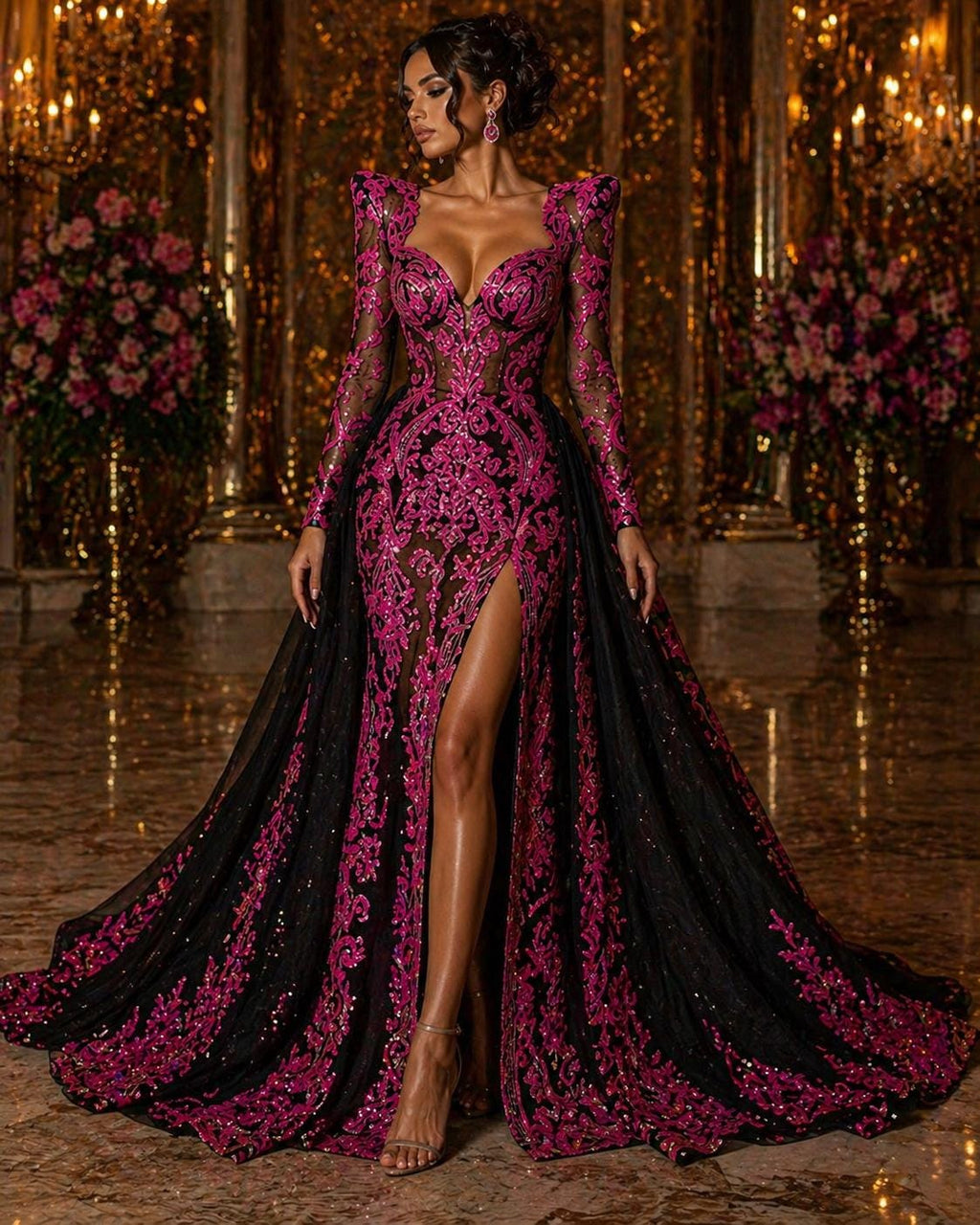 Neon Hot Pink - Marvelous Luxury Shiny Sequin 4-Way Stretch Mesh Fabric – Prom & Evening Dress Material By The Yard.