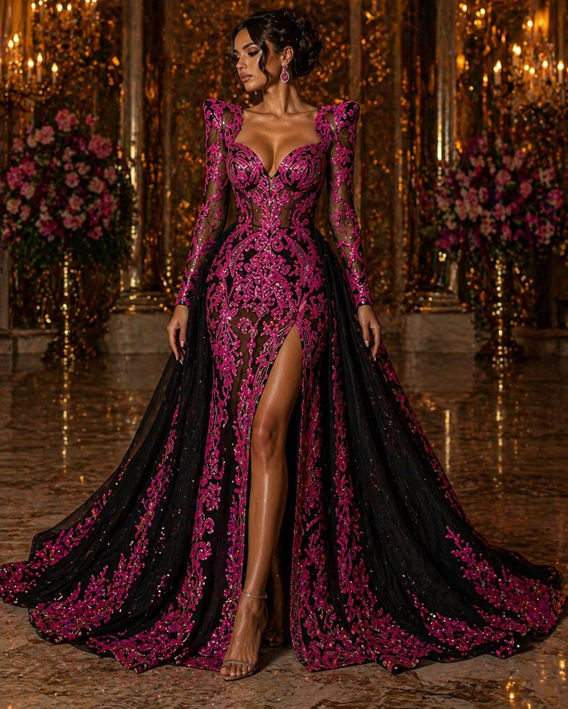 Neon Hot Pink - Marvelous Luxury Shiny Sequin 4-Way Stretch Mesh Fabric – Prom & Evening Dress Material By The Yard.