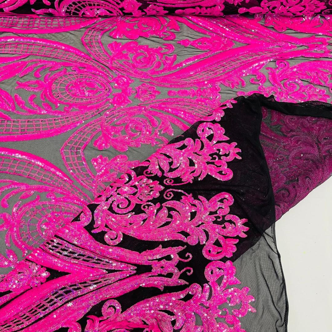 Neon Hot Pink - Marvelous Luxury Shiny Sequin 4-Way Stretch Mesh Fabric – Prom & Evening Dress Material By The Yard.