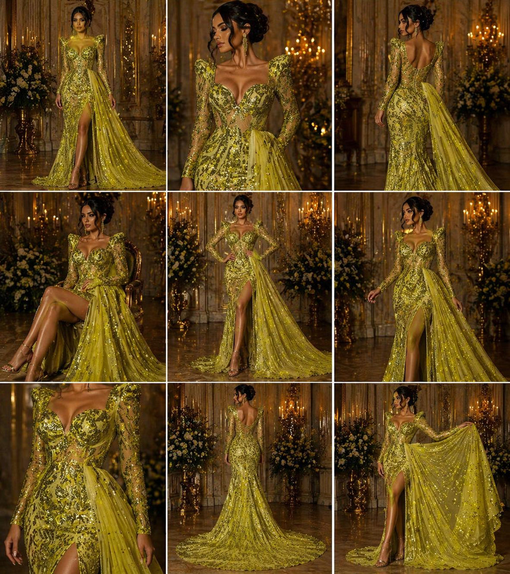 Olive Green - Marvelous Luxury Shiny Sequin 4-Way Stretch Mesh Fabric – Prom & Evening Dress Material By The Yard.