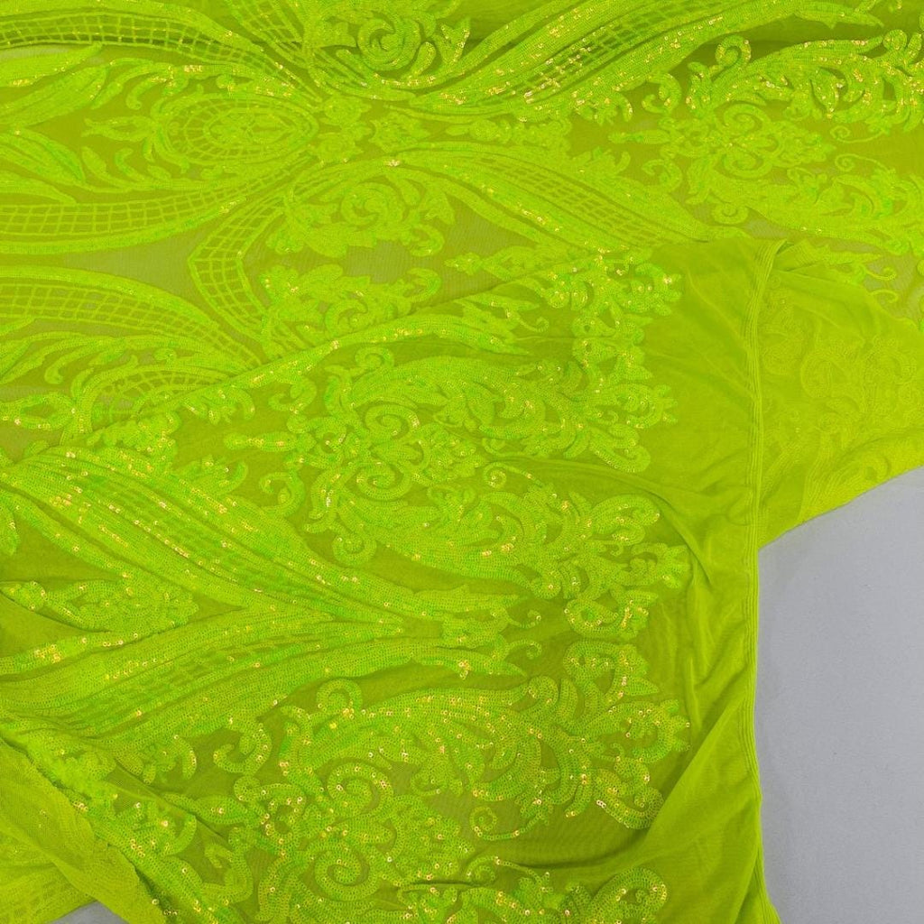Neon Green - Marvelous Luxury Shiny Sequin 4-Way Stretch Mesh Fabric – Prom & Evening Dress Material By The Yard.