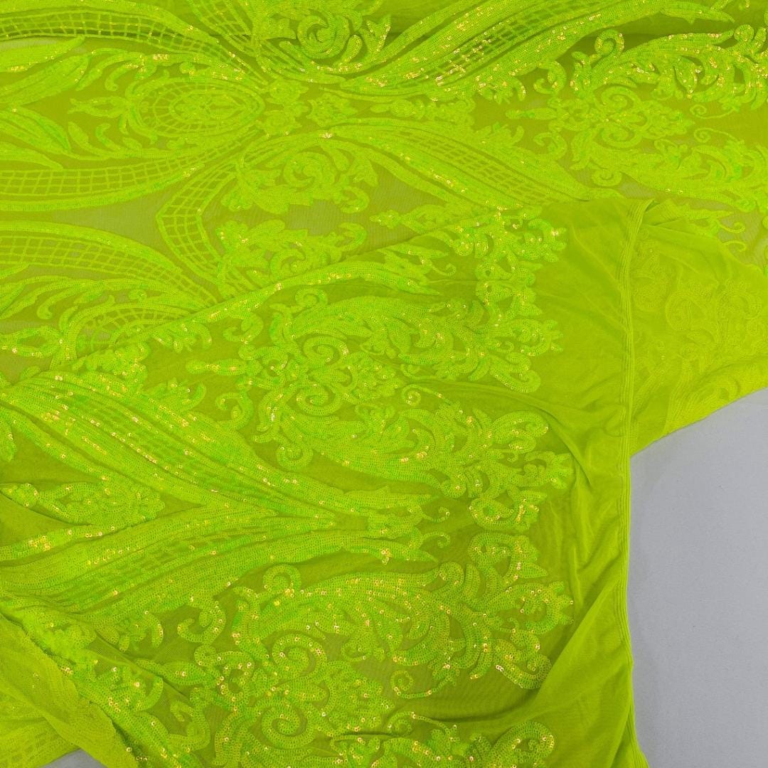 Neon Green - Marvelous Luxury Shiny Sequin 4-Way Stretch Mesh Fabric – Prom & Evening Dress Material By The Yard.
