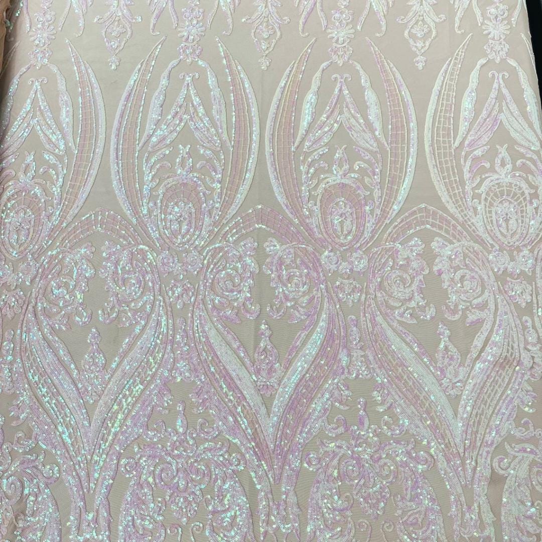 Blush Iridescent - Marvelous Luxury Shiny Sequin 4-Way Stretch Mesh Fabric – Prom & Evening Dress Material By The Yard.