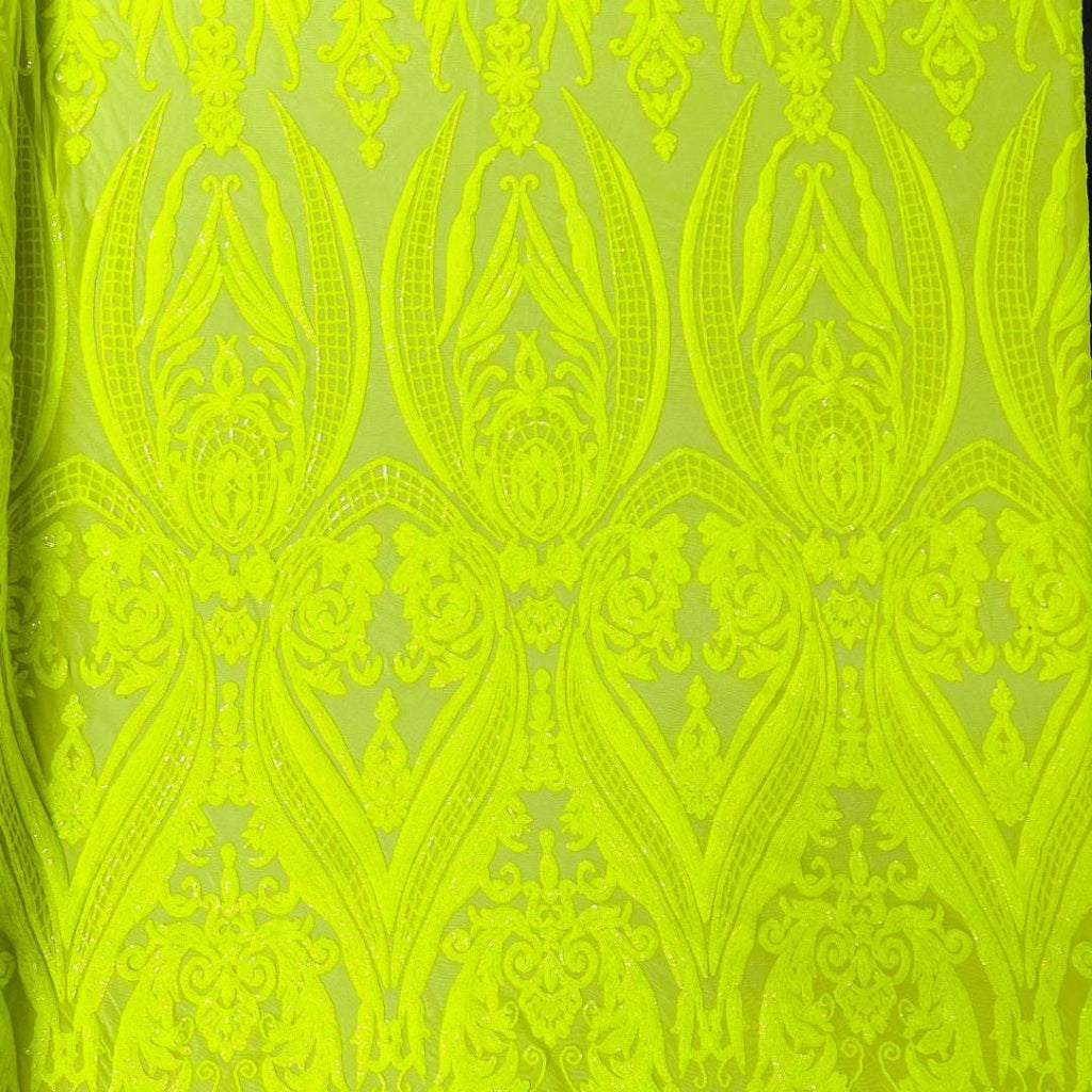 Neon Yellow - Marvelous Luxury Shiny Sequin 4-Way Stretch Mesh Fabric – Prom & Evening Dress Material By The Yard.