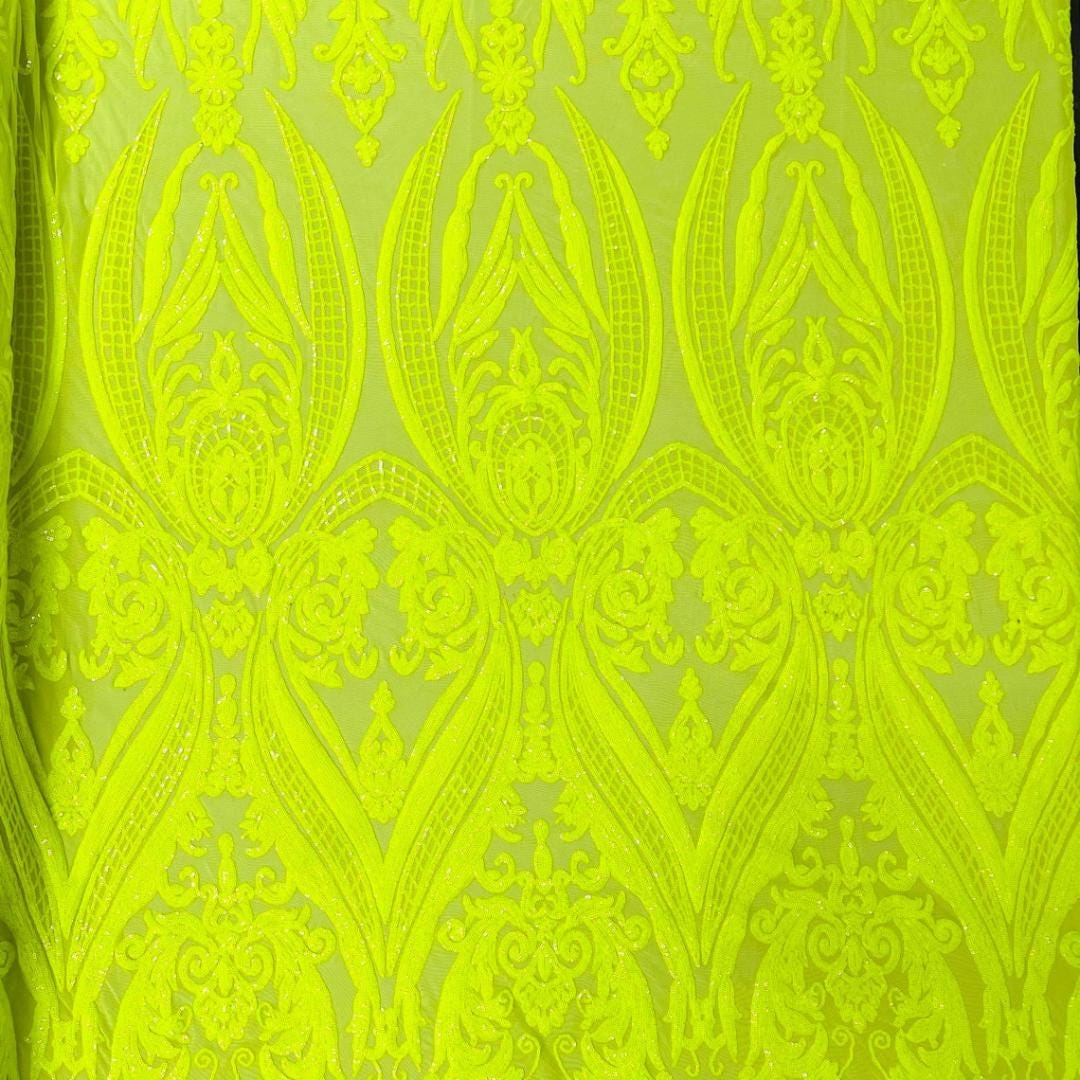Neon Yellow - Marvelous Luxury Shiny Sequin 4-Way Stretch Mesh Fabric – Prom & Evening Dress Material By The Yard.