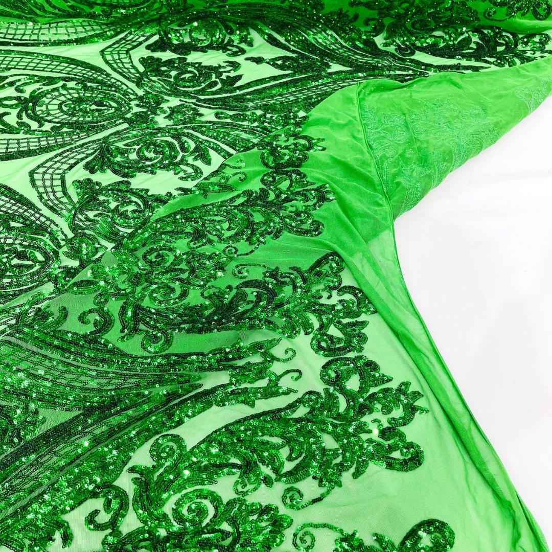 Green - Marvelous Luxury Shiny Sequin 4-Way Stretch Mesh Fabric – Prom & Evening Dress Material By The Yard.